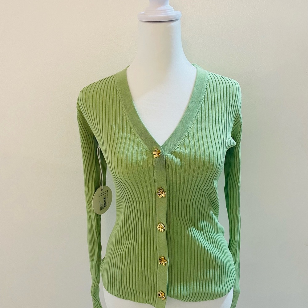 STAUD Light Green Ribbed Cardigan